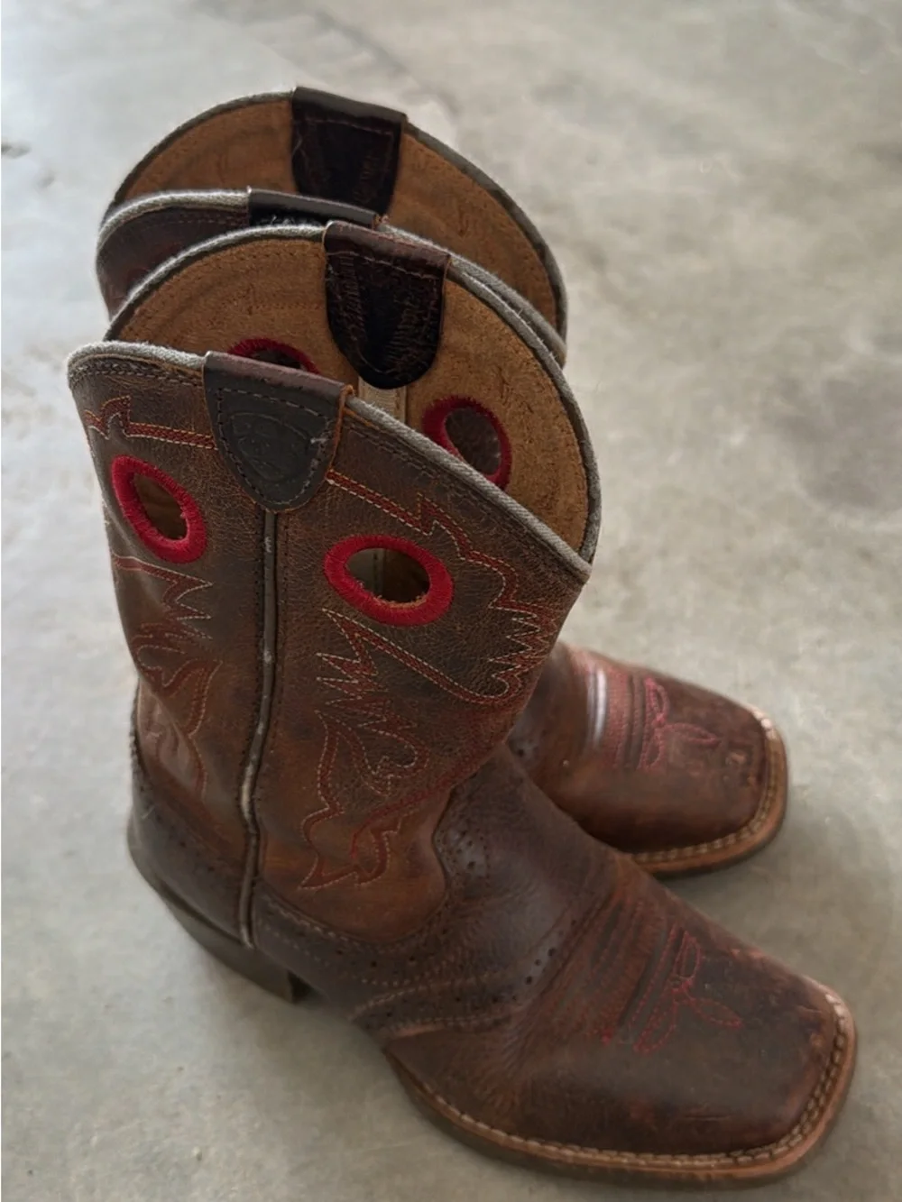 Brown Leather Kids Western Boots with Red Stitching